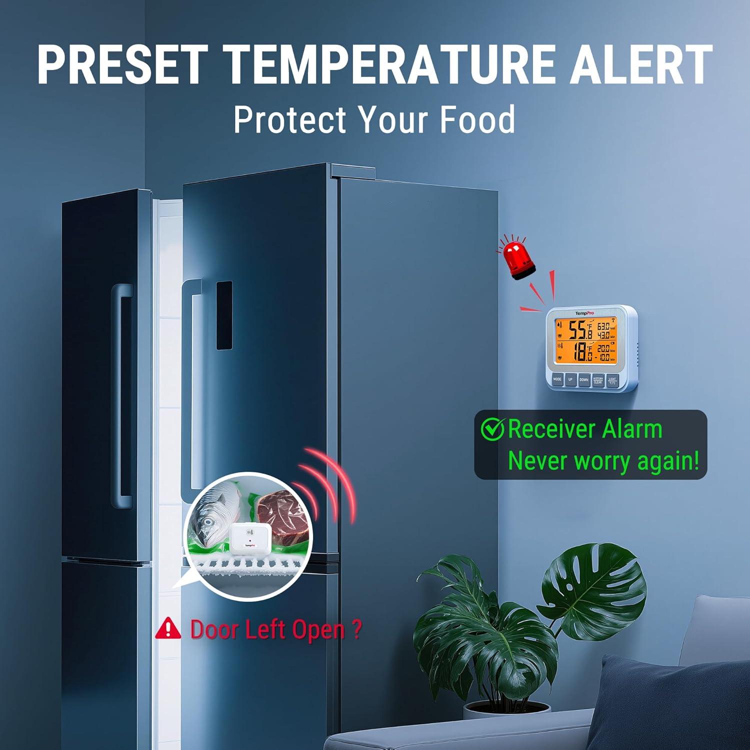 image:imageTempPro Wireless Freezer Fridge Thermometer with Alarm 500 ft150 m Range High Accuracy Rechargeable Refrigerator Thermometer with Backlit LCD Display Battery Included Previously ThermoProWireless Fridge and Freezer Thermometer