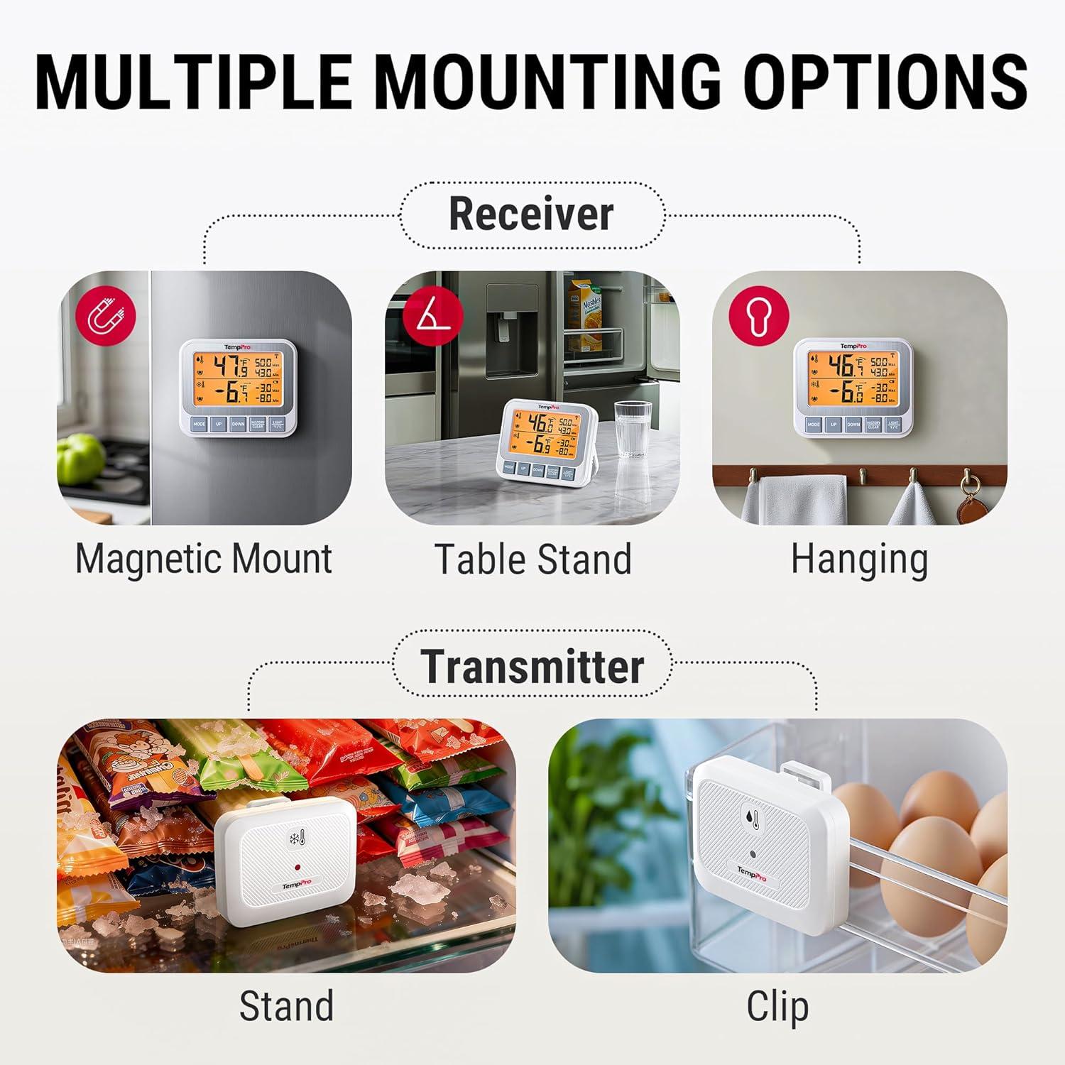 image:imageTempPro Wireless Freezer Fridge Thermometer with Alarm 500 ft150 m Range High Accuracy Rechargeable Refrigerator Thermometer with Backlit LCD Display Battery Included Previously ThermoProWireless Fridge and Freezer Thermometer