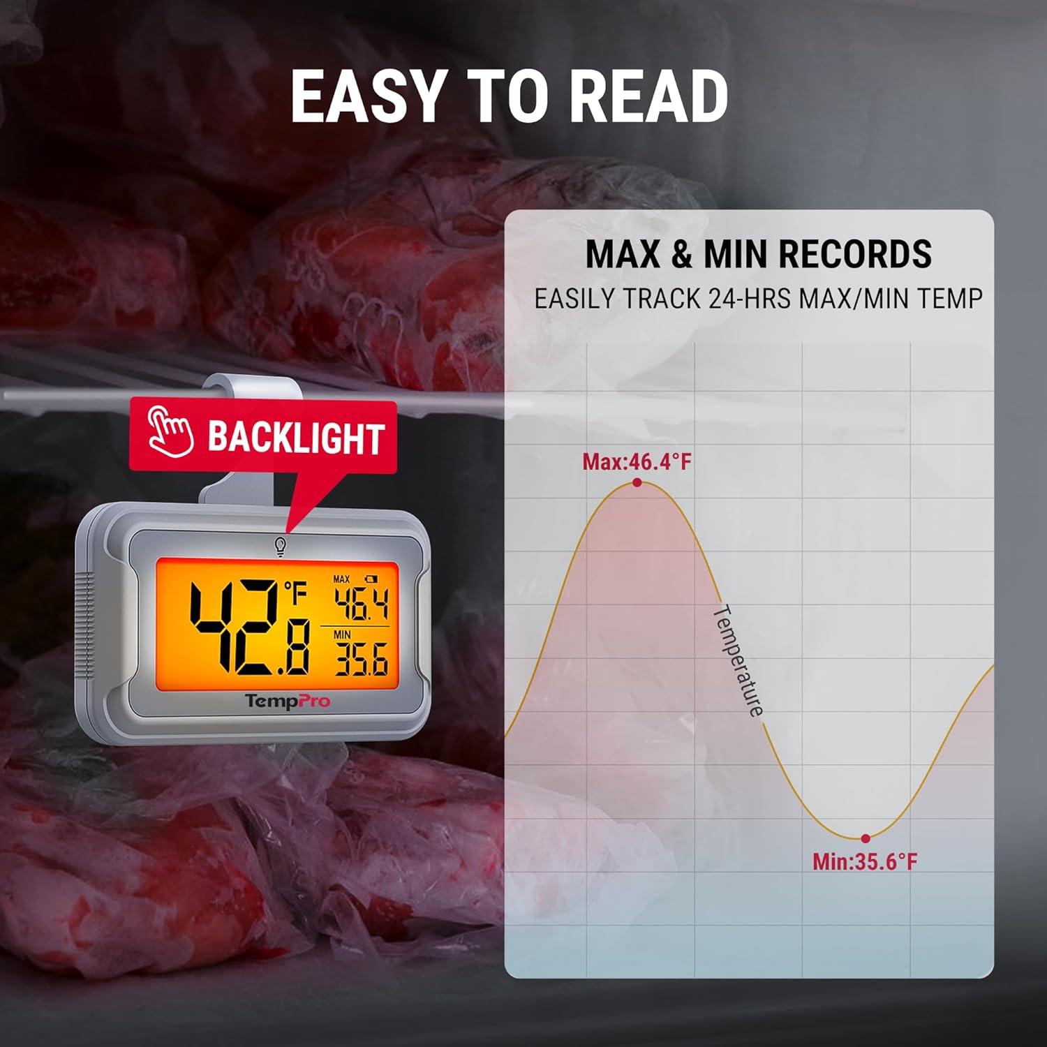 image:imageTempPro Wireless Freezer Fridge Thermometer with Alarm 500 ft150 m Range High Accuracy Rechargeable Refrigerator Thermometer with Backlit LCD Display Battery Included Previously ThermoProDigital Fridge Thermometer