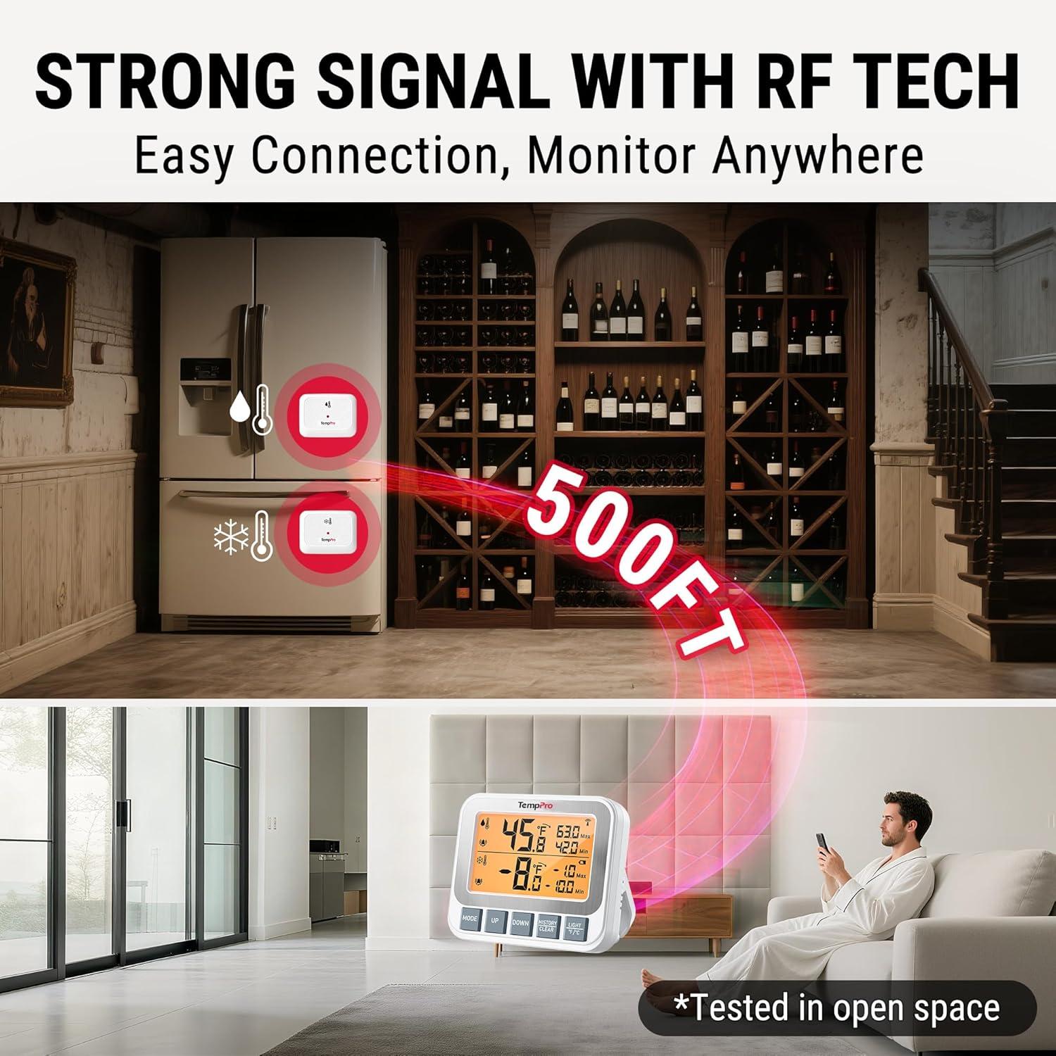 image:imageTempPro Wireless Freezer Fridge Thermometer with Alarm 500 ft150 m Range High Accuracy Rechargeable Refrigerator Thermometer with Backlit LCD Display Battery Included Previously ThermoProWireless Fridge and Freezer Thermometer