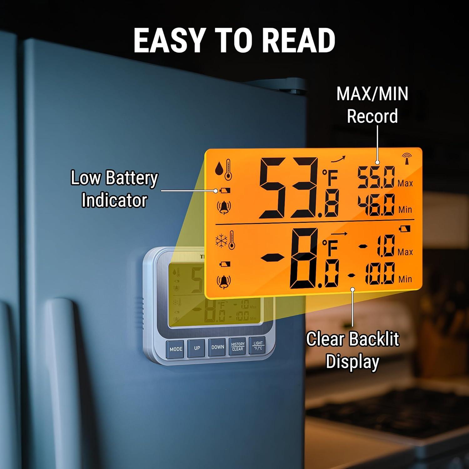 image:imageTempPro Wireless Freezer Fridge Thermometer with Alarm 500 ft150 m Range High Accuracy Rechargeable Refrigerator Thermometer with Backlit LCD Display Battery Included Previously ThermoProWireless Fridge and Freezer Thermometer