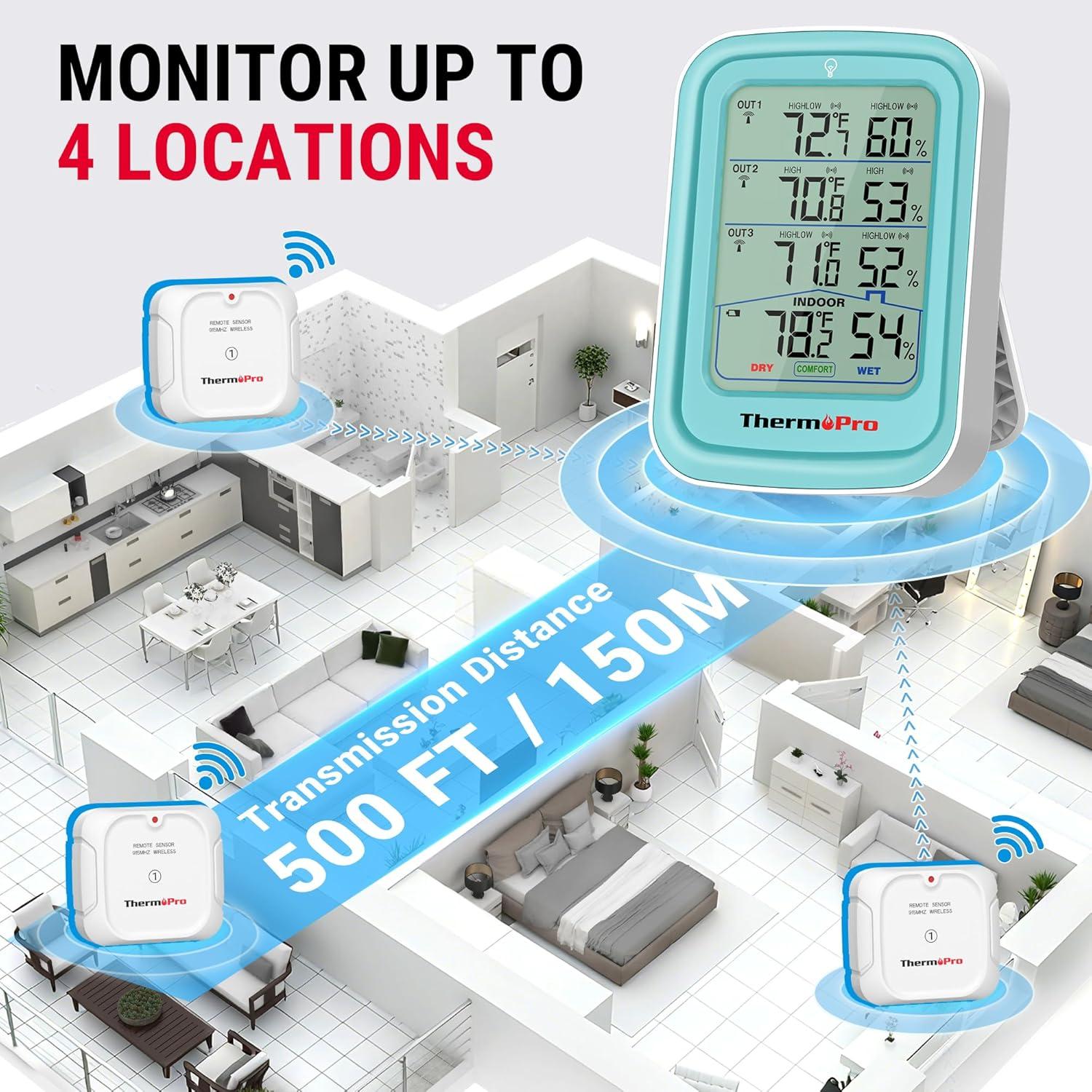 image:imageThermoPro 500FT Indoor Outdoor Thermometer Wireless with 3 Remote Sensors Temperature and Humidity Gauge Monitor Room Thermometer Inside Outside Batteries Included