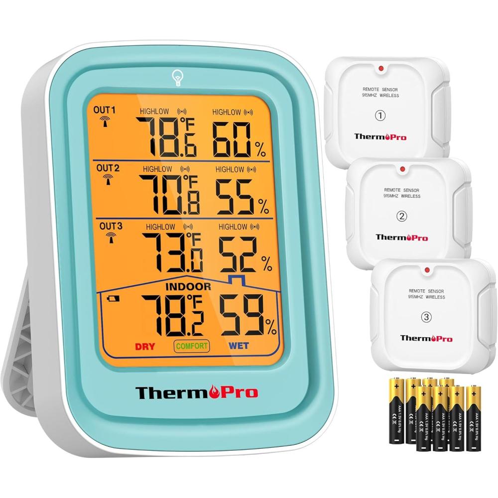 image:imageThermoPro 500FT Indoor Outdoor Thermometer Wireless with 3 Remote Sensors Temperature and Humidity Gauge Monitor Room Thermometer Inside Outside Batteries Included