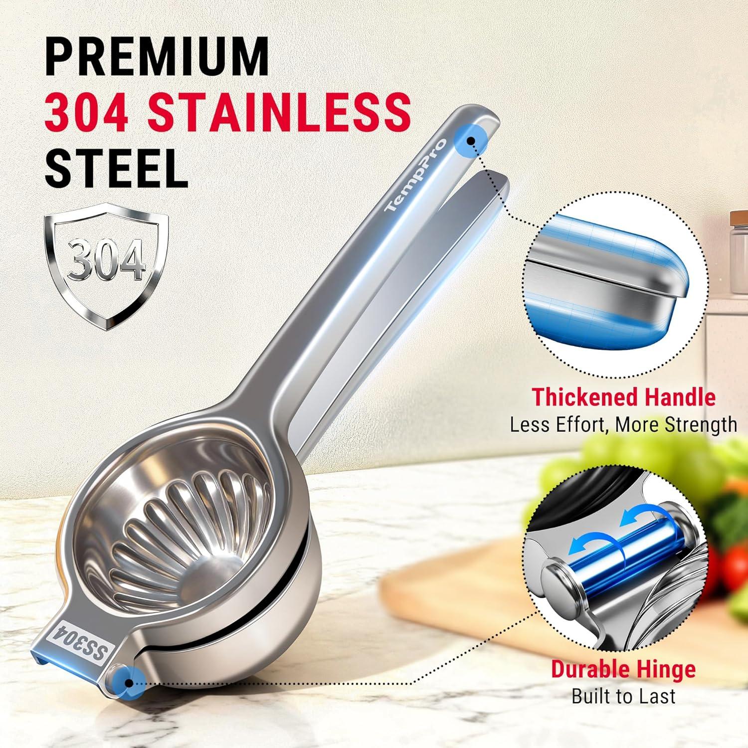 image:imageTempPro Lemon Lime Squeezer 304 Stainless Steel Hand Press Citrus Juicer with Grooved Bowl HeavyDuty Hinged Handle High Juice Yield Easy to Use amp Dishwasher Safe Previously ThermoPro