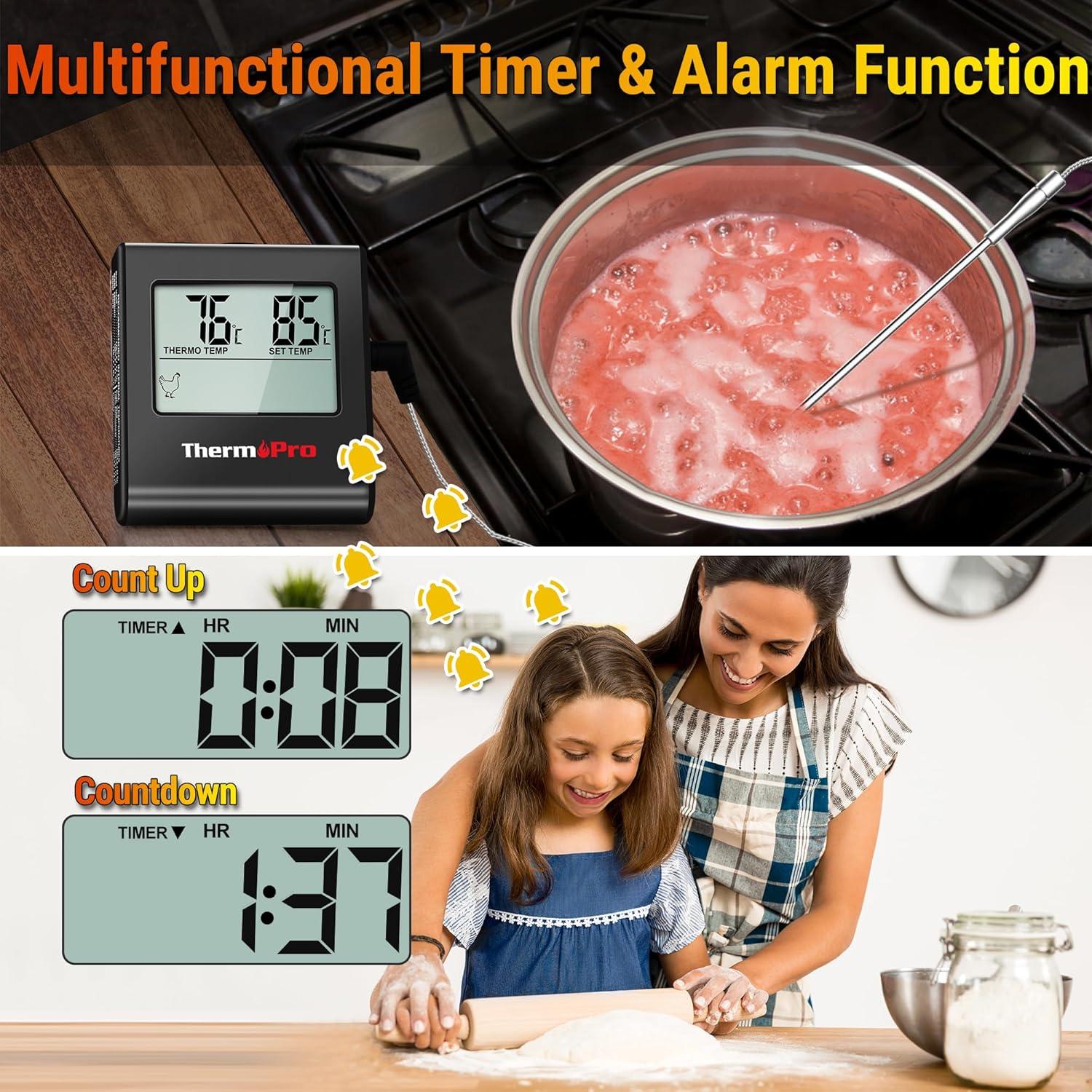 image:imageTempPro TP16H Large LCD Digital Meat Thermometer for Cooking Smoking Grilling BBQ Food Thermometer with Clock Timer and Stainless Steel Probe Black Previously ThermoProPure Black