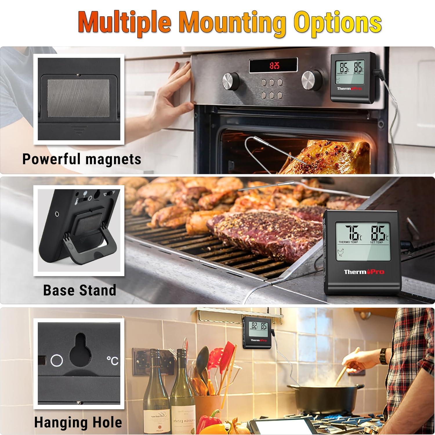 image:imageTempPro TP16H Large LCD Digital Meat Thermometer for Cooking Smoking Grilling BBQ Food Thermometer with Clock Timer and Stainless Steel Probe Black Previously ThermoProPure Black