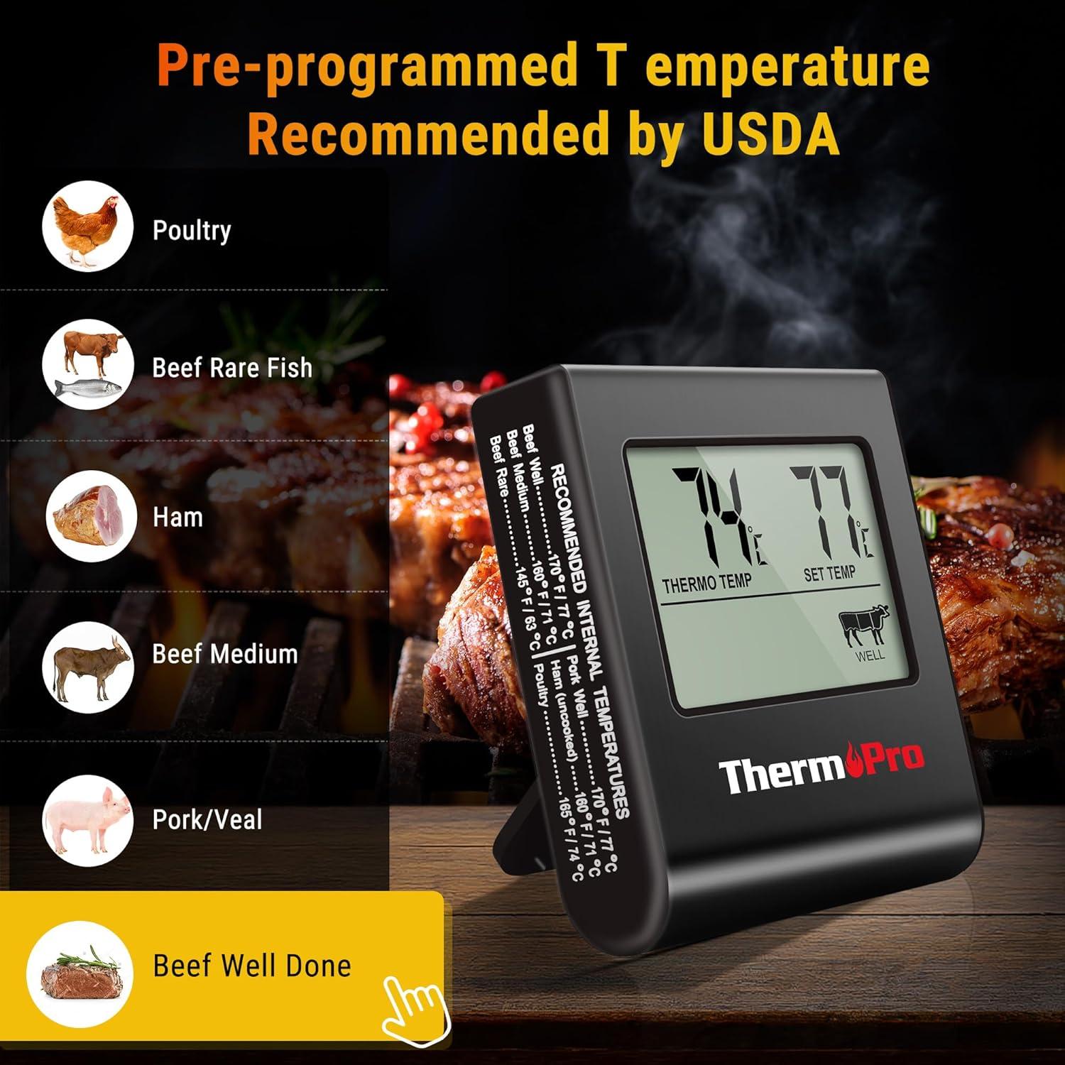 image:imageTempPro TP16H Large LCD Digital Meat Thermometer for Cooking Smoking Grilling BBQ Food Thermometer with Clock Timer and Stainless Steel Probe Black Previously ThermoProPure Black