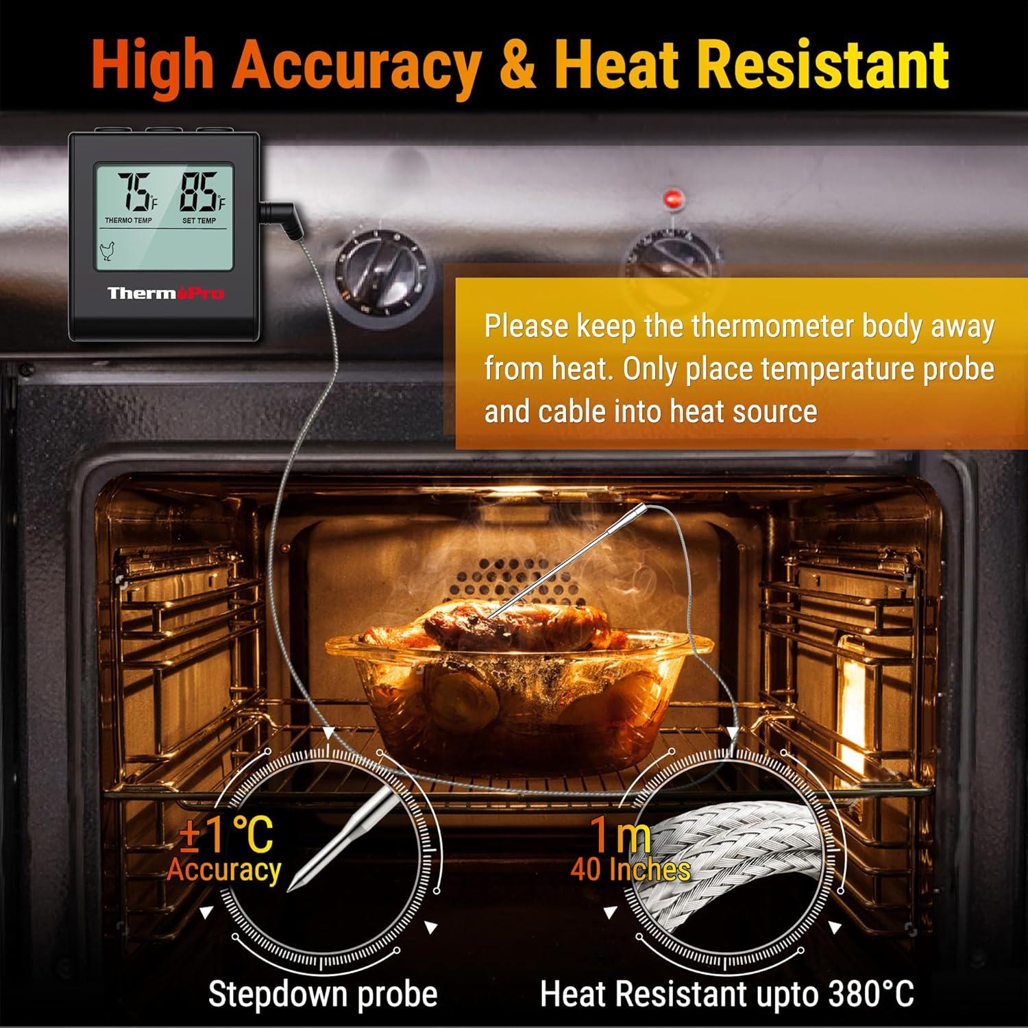 image:imageTempPro TP16H Large LCD Digital Meat Thermometer for Cooking Smoking Grilling BBQ Food Thermometer with Clock Timer and Stainless Steel Probe Black Previously ThermoProPure Black