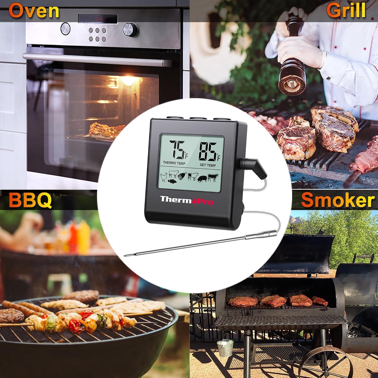 image:imageTempPro TP16H Large LCD Digital Meat Thermometer for Cooking Smoking Grilling BBQ Food Thermometer with Clock Timer and Stainless Steel Probe Black Previously ThermoProPure Black
