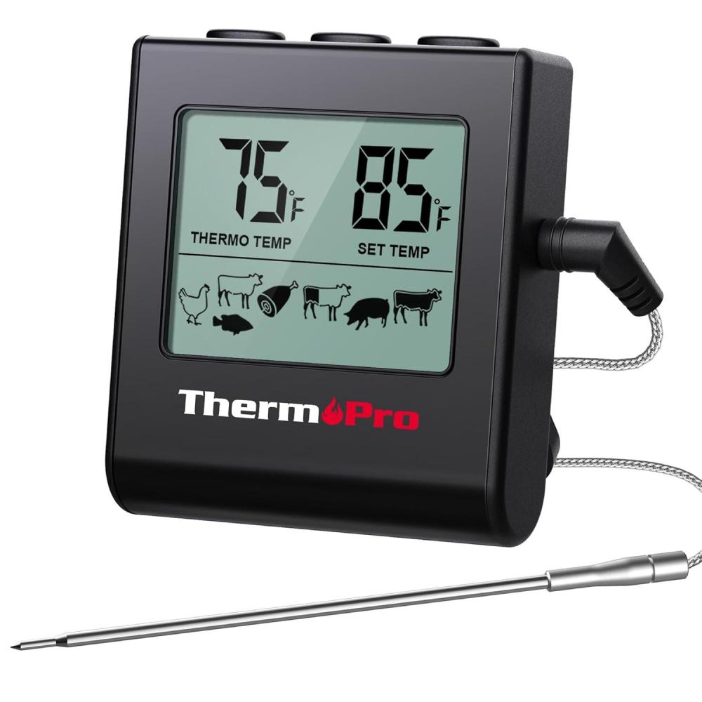image:imageTempPro TP16H Large LCD Digital Meat Thermometer for Cooking Smoking Grilling BBQ Food Thermometer with Clock Timer and Stainless Steel Probe Black Previously ThermoProPure Black