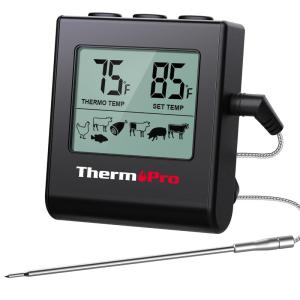 TempPro TP16H Large LCD Digital Meat Thermometer for Cooking, Smoking, Grilling, BBQ Food Thermometer with Clock Timer and Stainless Steel Probe, Black (Previously ThermoPro)(Pure Black)