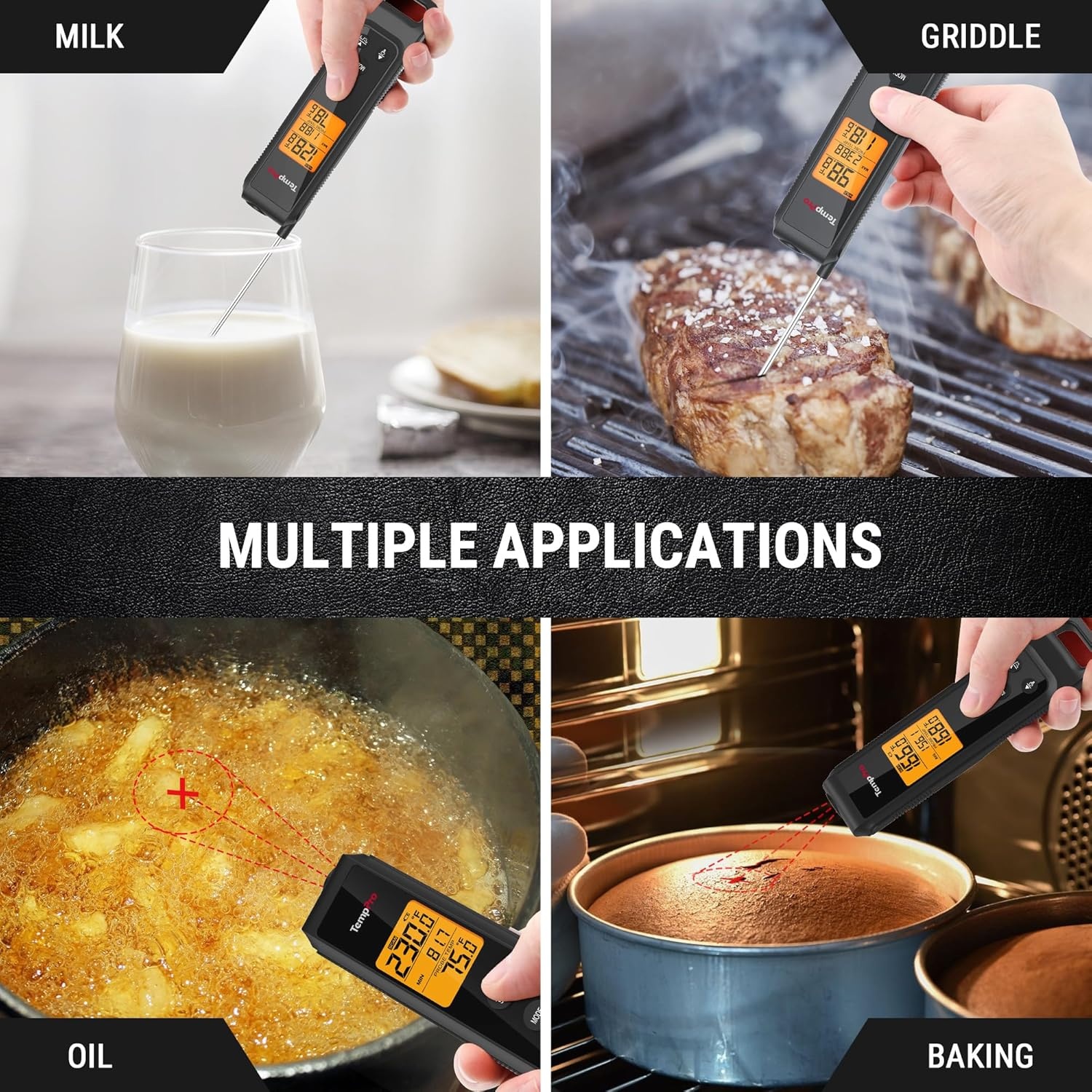 image:imageTempPro 2in1 Instant Read Thermometer for Cooking Infrared Thermometer with Meat Probe NonContact Laser Meat Thermometer for Griddle Grill Pizza Oven Black Gift for Dad Him Husband