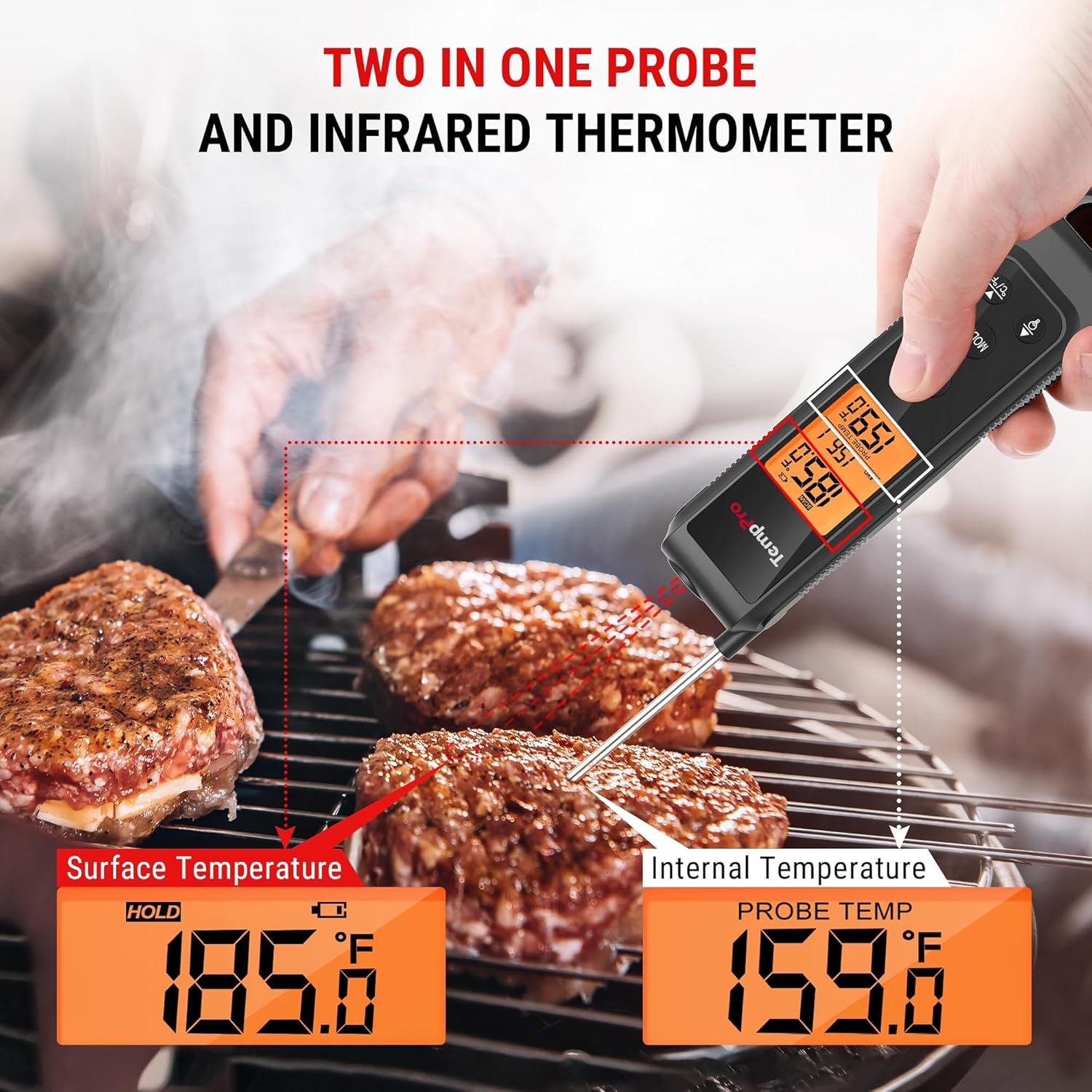 image:imageTempPro 2in1 Instant Read Thermometer for Cooking Infrared Thermometer with Meat Probe NonContact Laser Meat Thermometer for Griddle Grill Pizza Oven Black Gift for Dad Him Husband