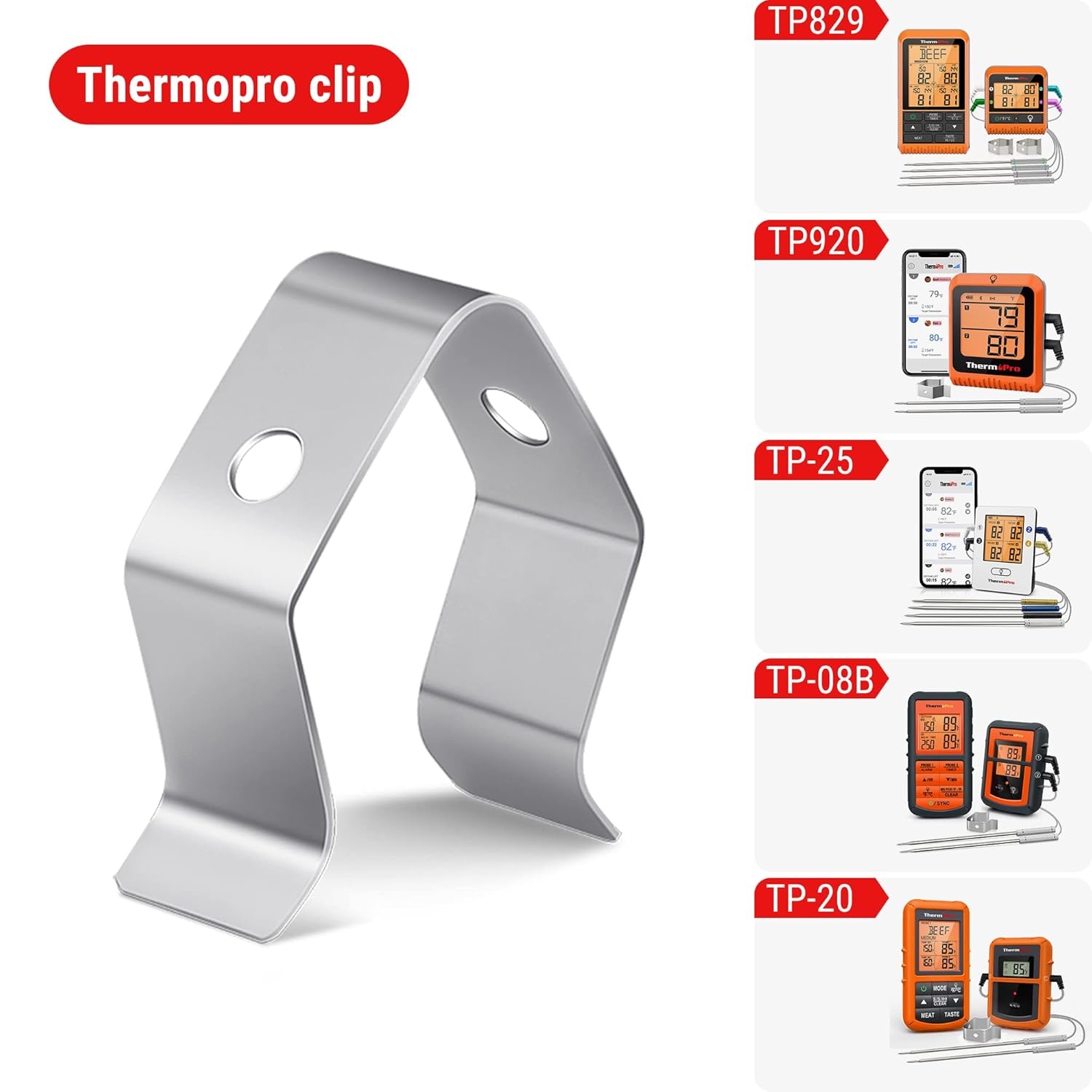 image:imageTempPro Meat Thermometer Probe Clip Stainless Steel Clip Replacement for All ThermoPro Meat Thermometers TP20 TP920 TP930 TP829 TP25 TP910 TP16 TP17 TP16S TP17H TP826 TP08 TP27 TP28