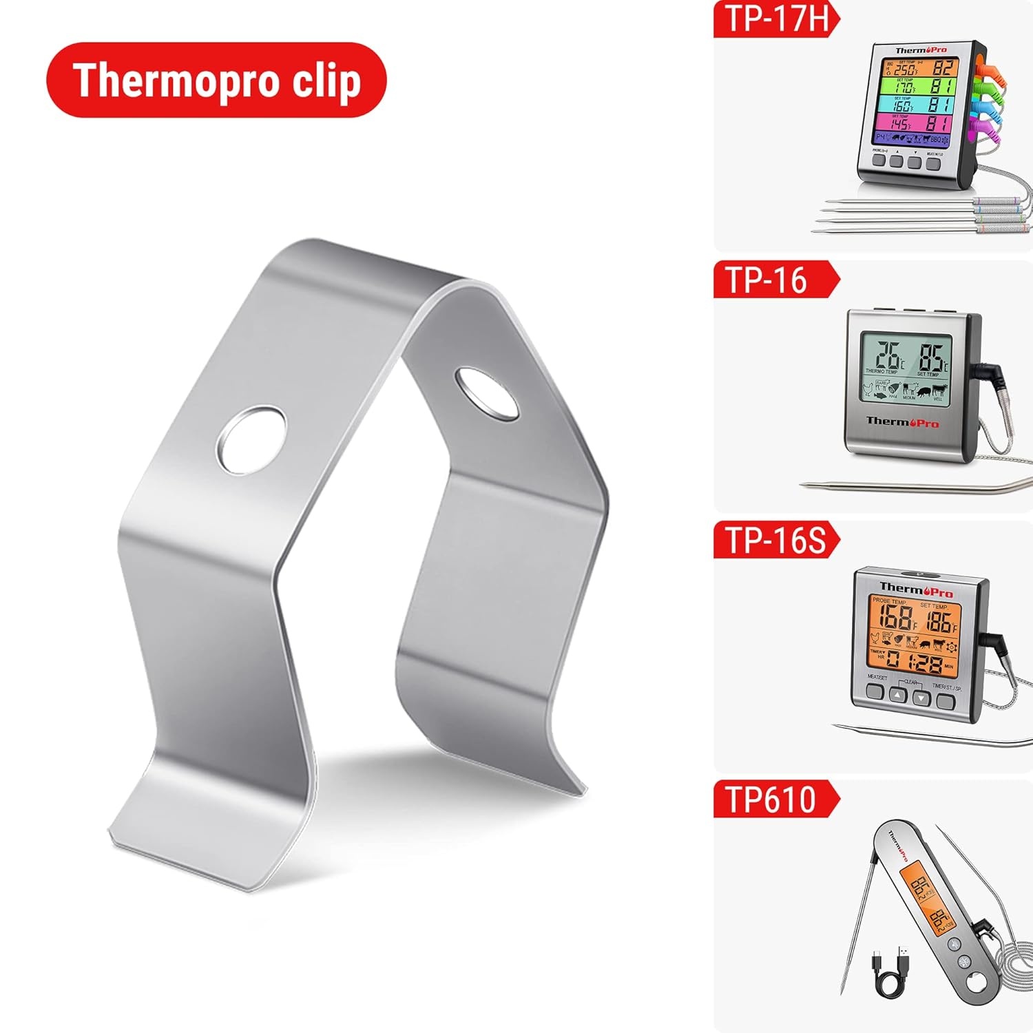 image:imageTempPro Meat Thermometer Probe Clip Stainless Steel Clip Replacement for All ThermoPro Meat Thermometers TP20 TP920 TP930 TP829 TP25 TP910 TP16 TP17 TP16S TP17H TP826 TP08 TP27 TP28
